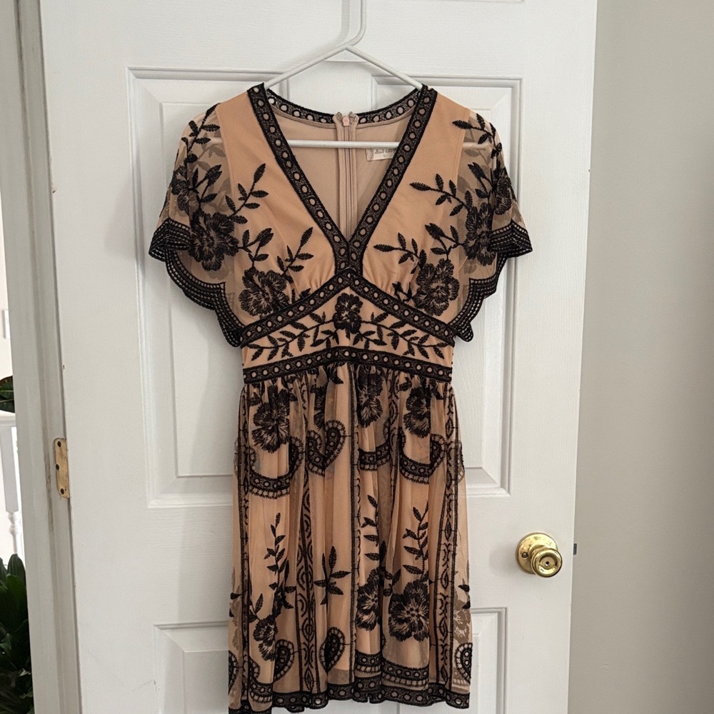 Altar'd State Nude Beige Dress with Black Floral Embroidery